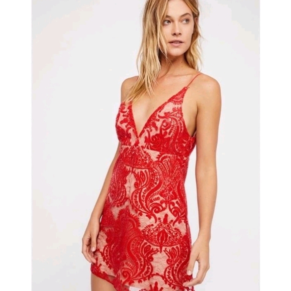 Free People Night Shimmers Red Sequin & Lace Mini Dress - Picture 1 of 14